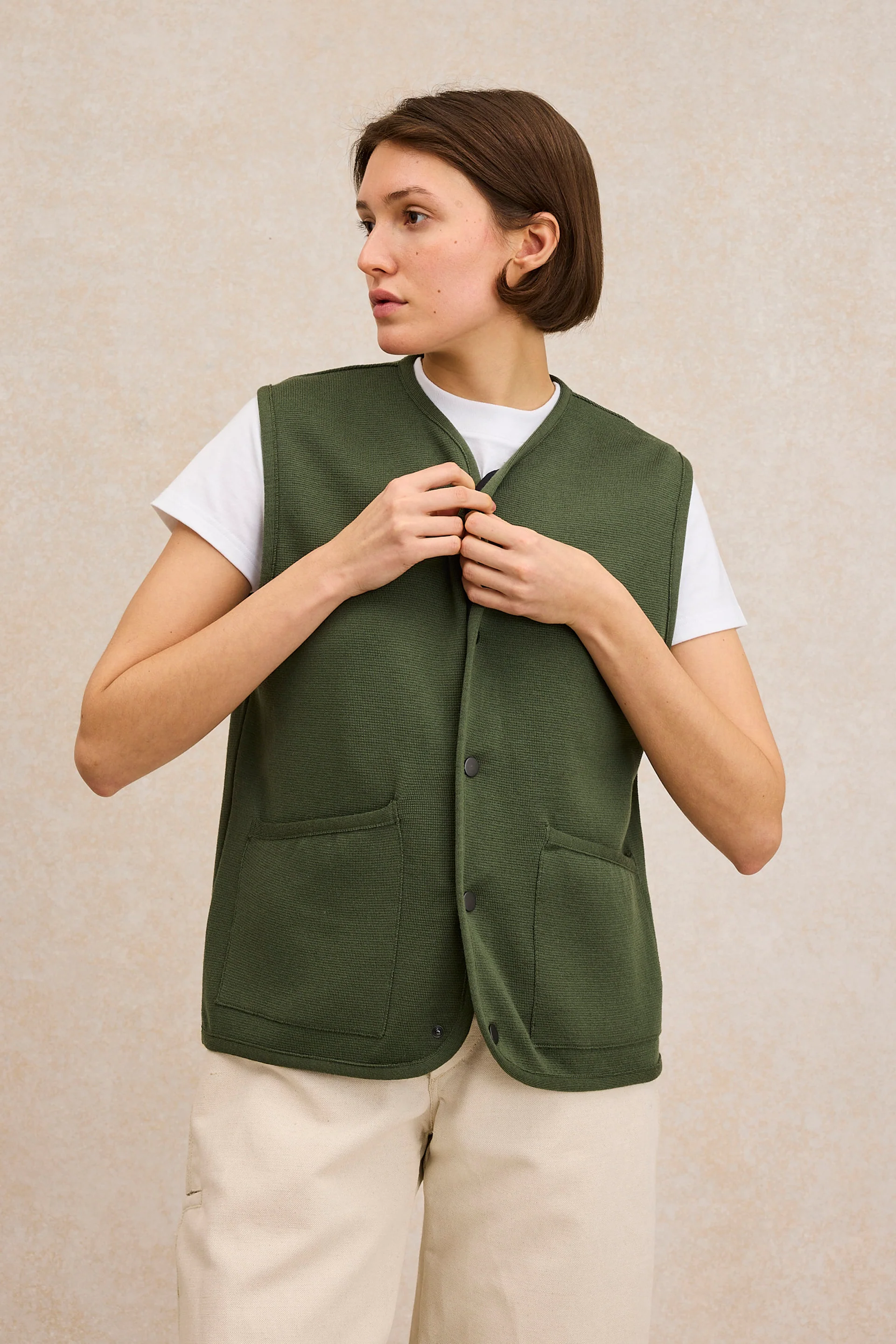 Gilet sans manches à pression vert kaki pour femme