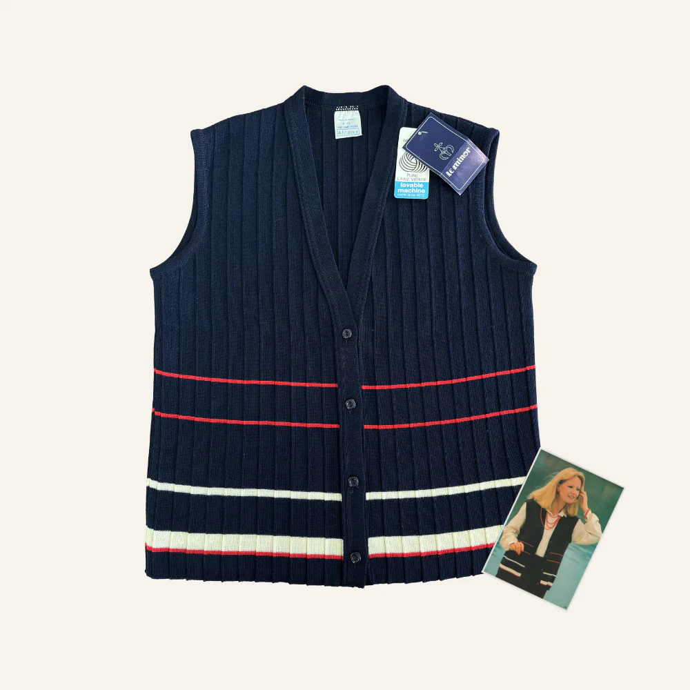 Gilet sans manches bleu marine à rayures en laine vierge pour femme - Seconde main