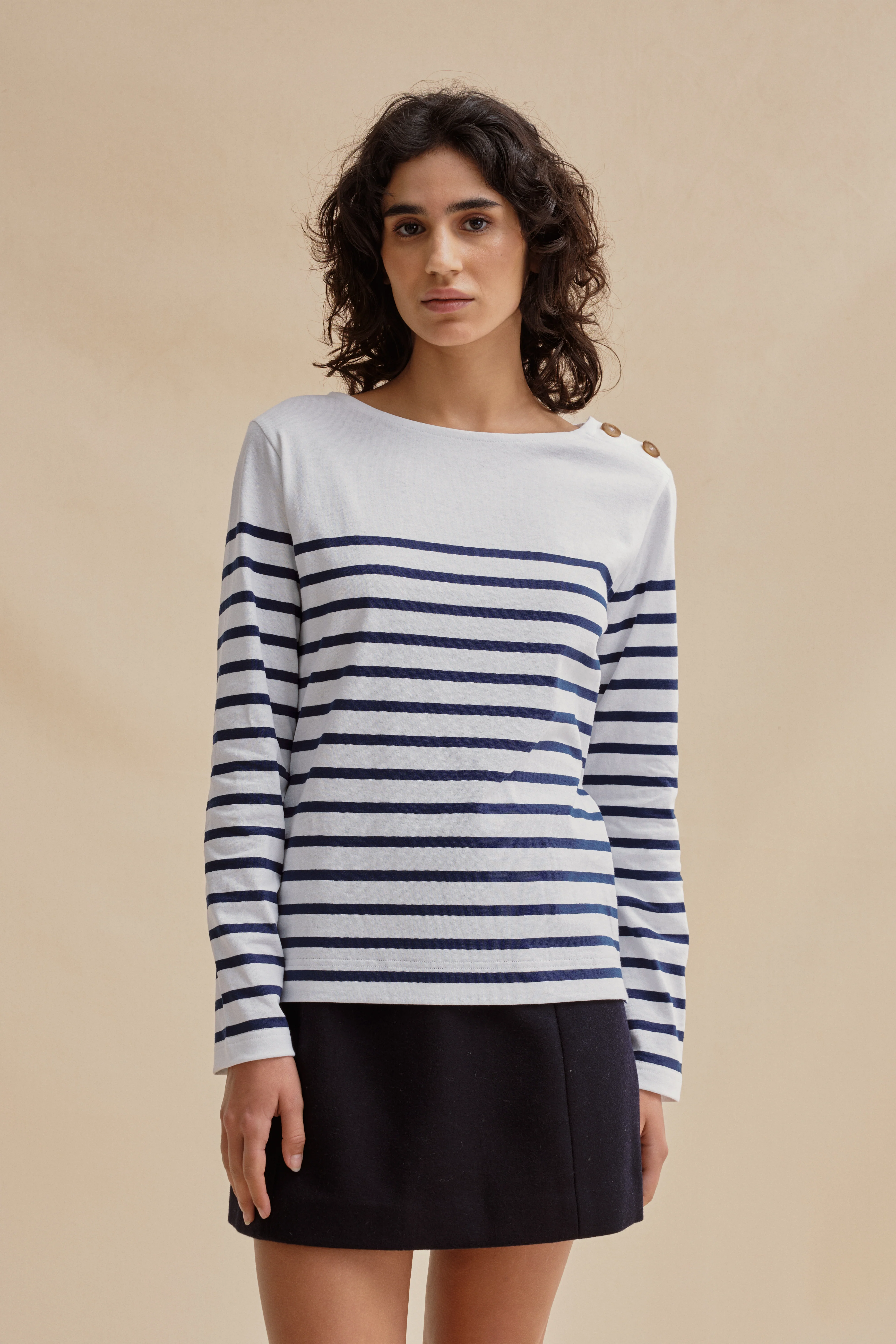 Marinière Jane à boutons blanc et marine pour femme