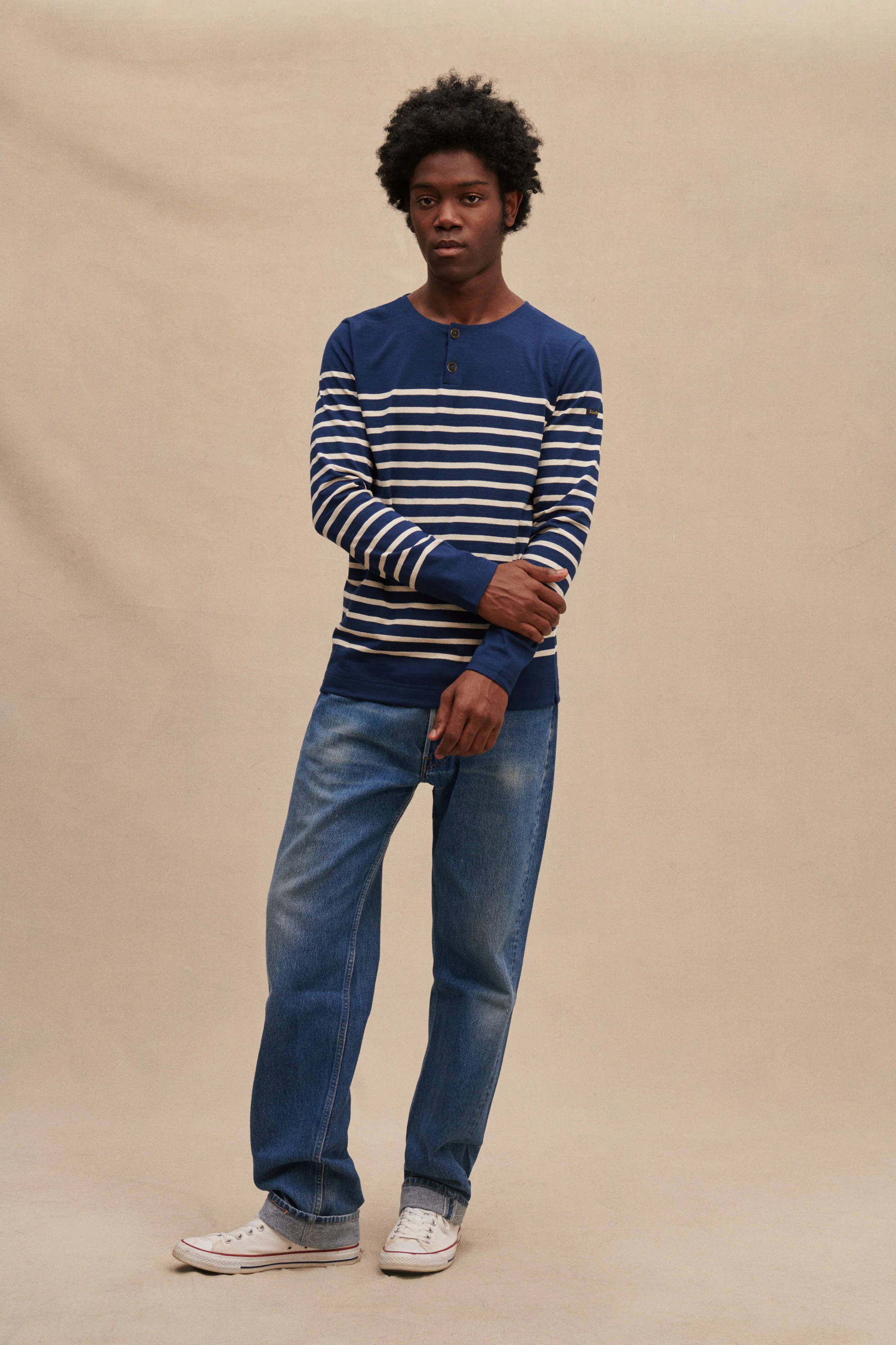 Marinière Marine Nationale col boutonné marine et écru pour homme - Image 6