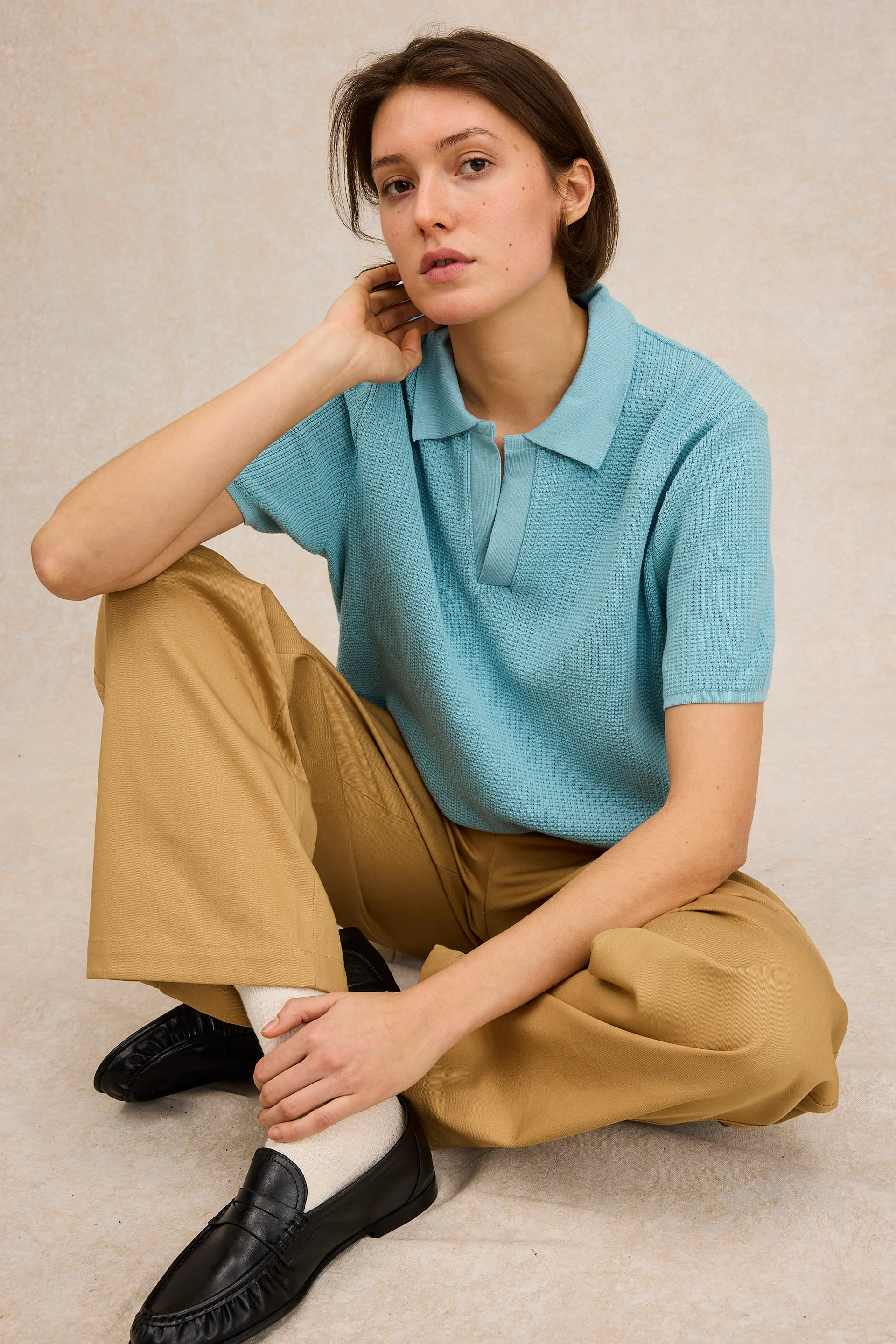 Polo en maille bleu ciel pour femme