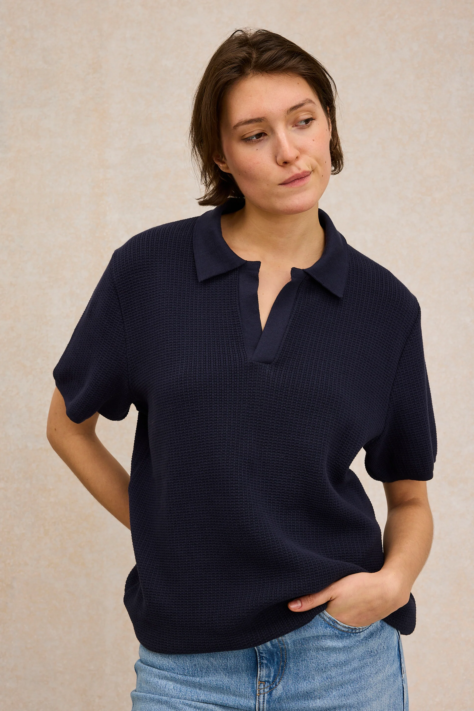 Polo en maille bleu marine pour femme