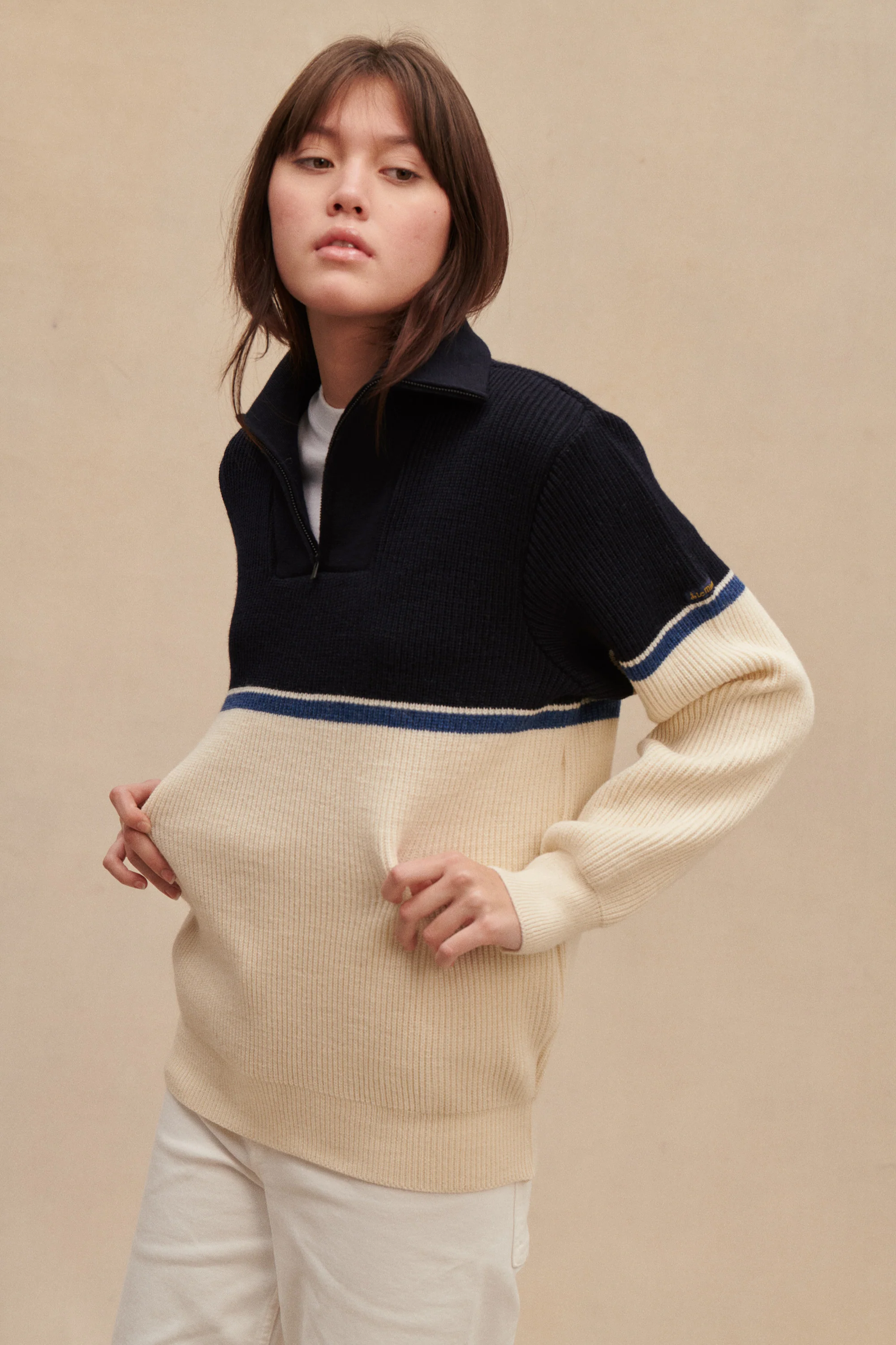 Pull camionneur écru et bleu marine pour femme