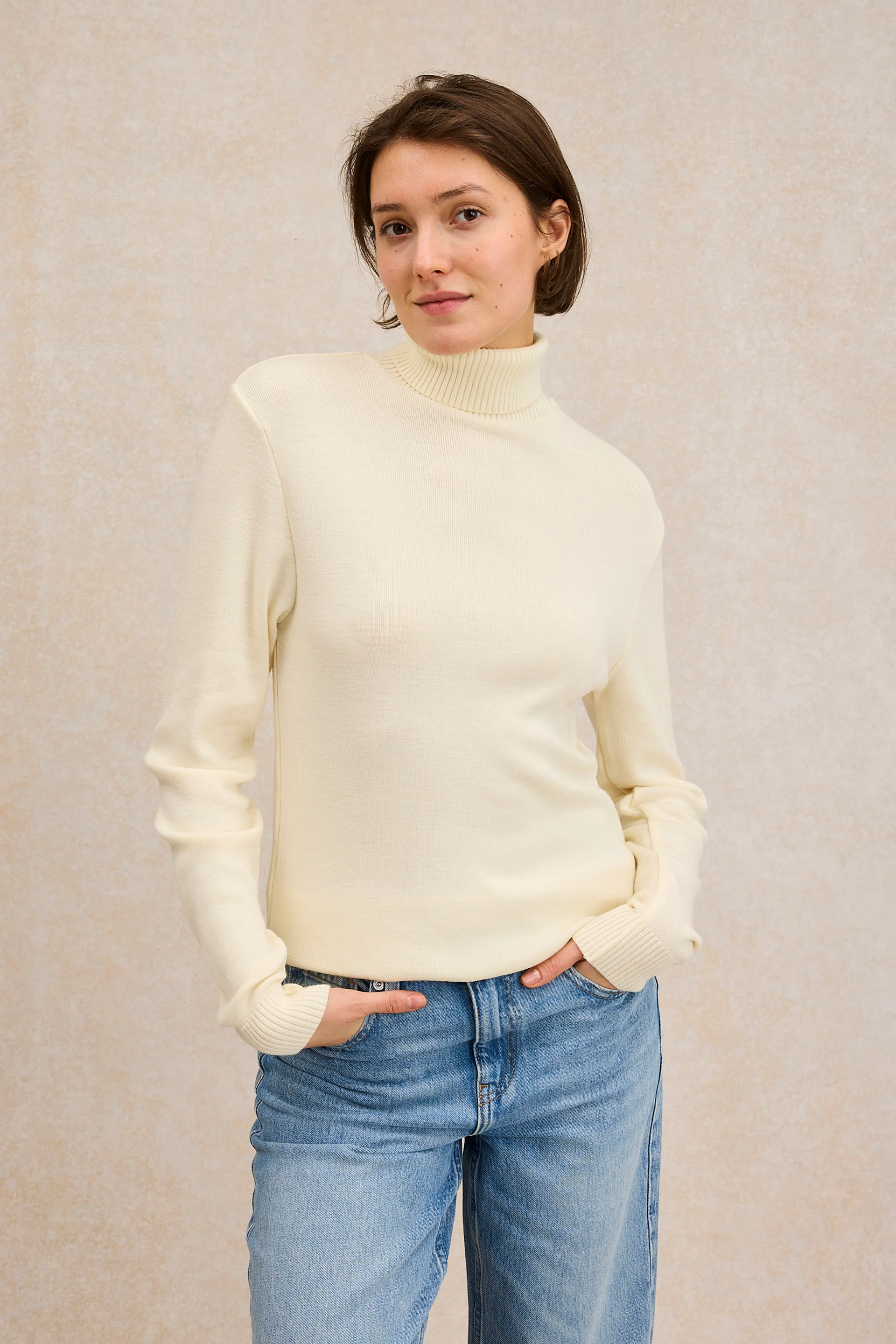 Pull col roulé Marine nationale écru en laine mérinos pour femme