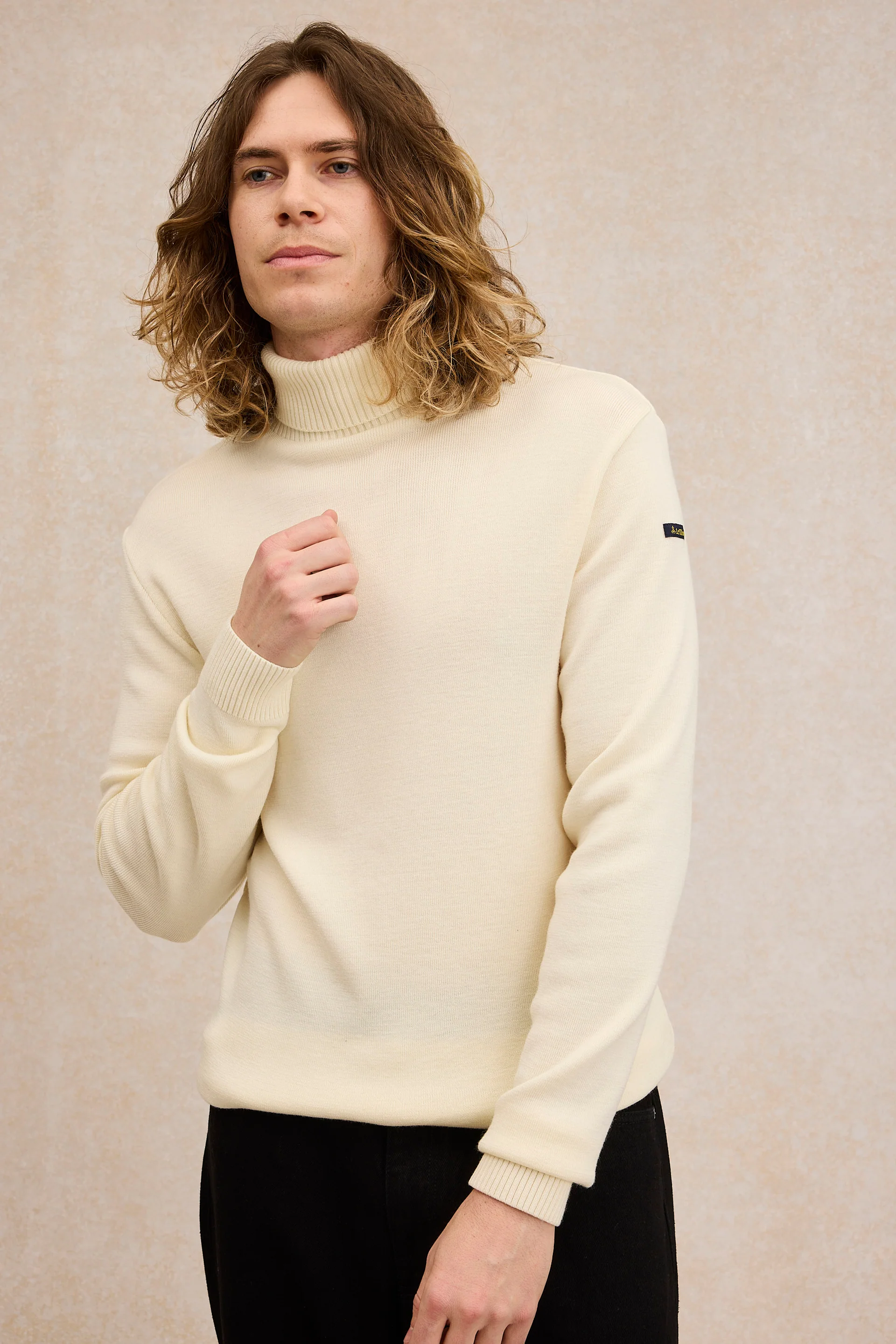 Pull col roulé Marine nationale écru en laine mérinos pour homme