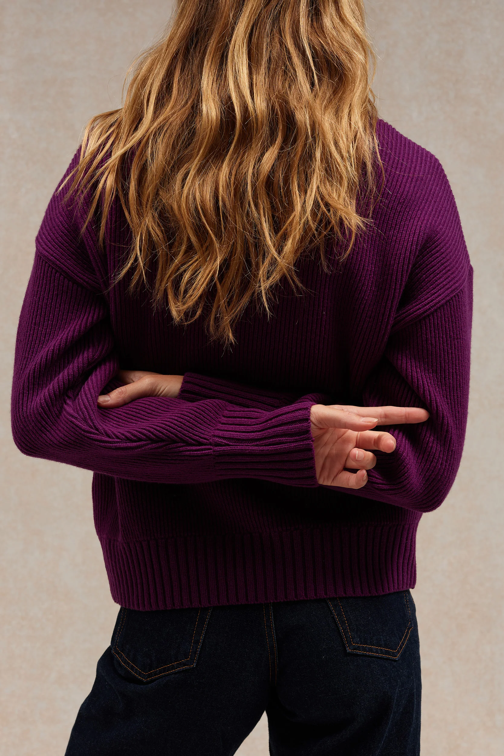Pull femme col rond prune à côtes anglaises - Image 3