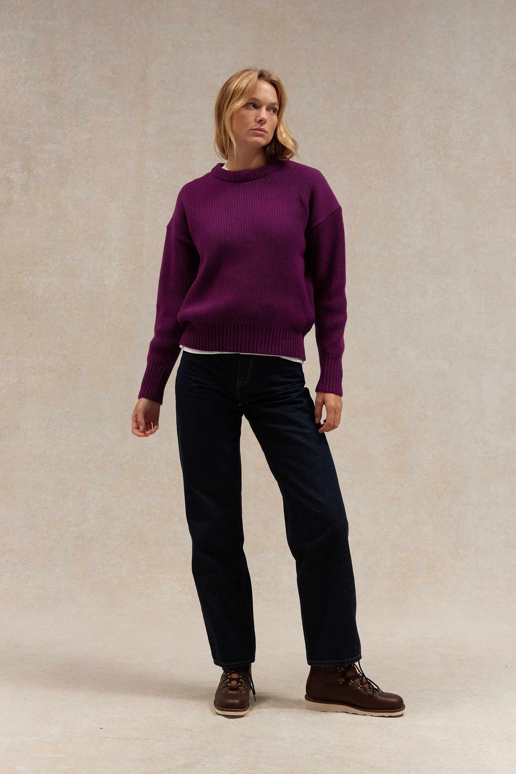 Pull femme col rond prune à côtes anglaises - Image 4