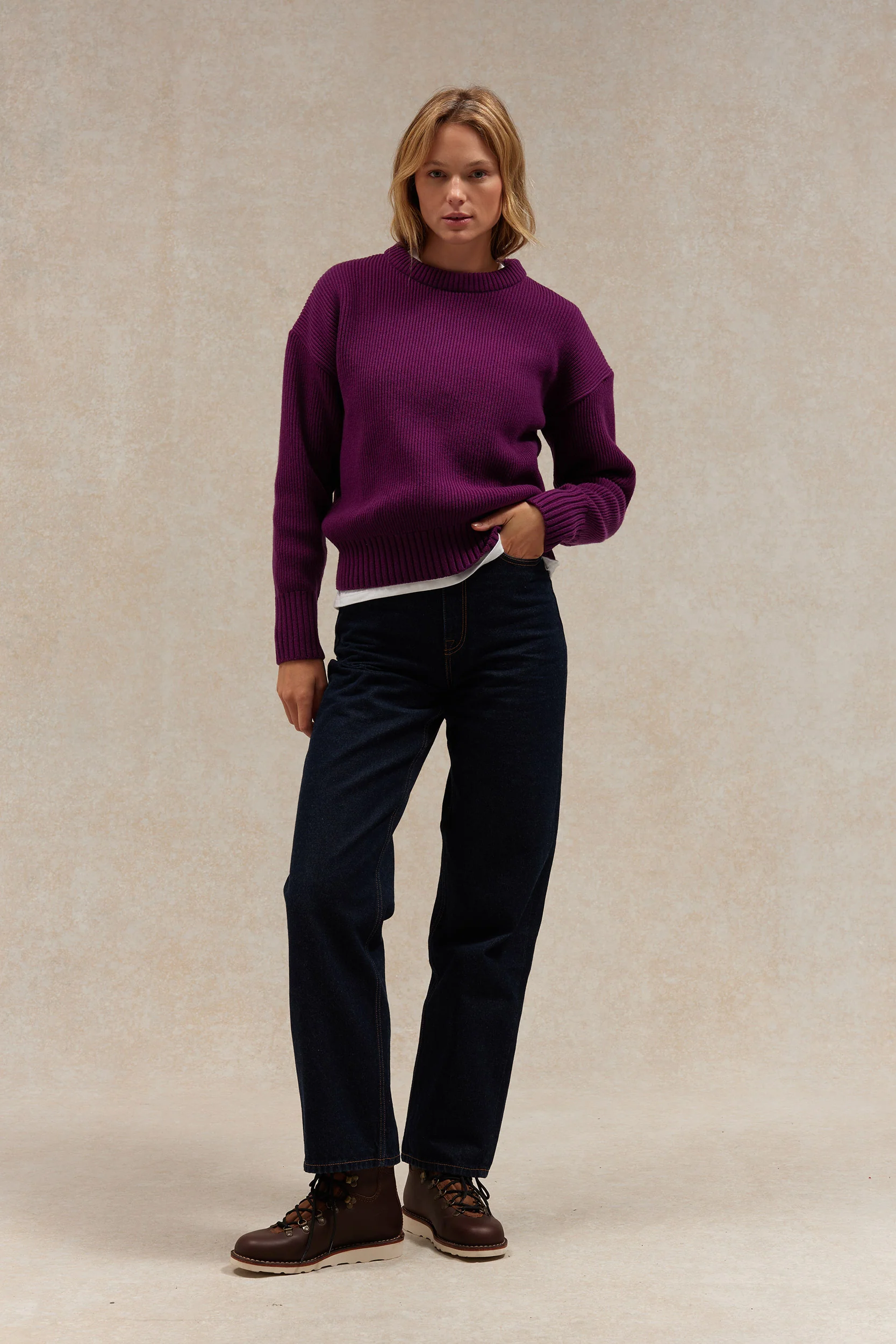 Pull femme col rond prune à côtes anglaises - Image 5