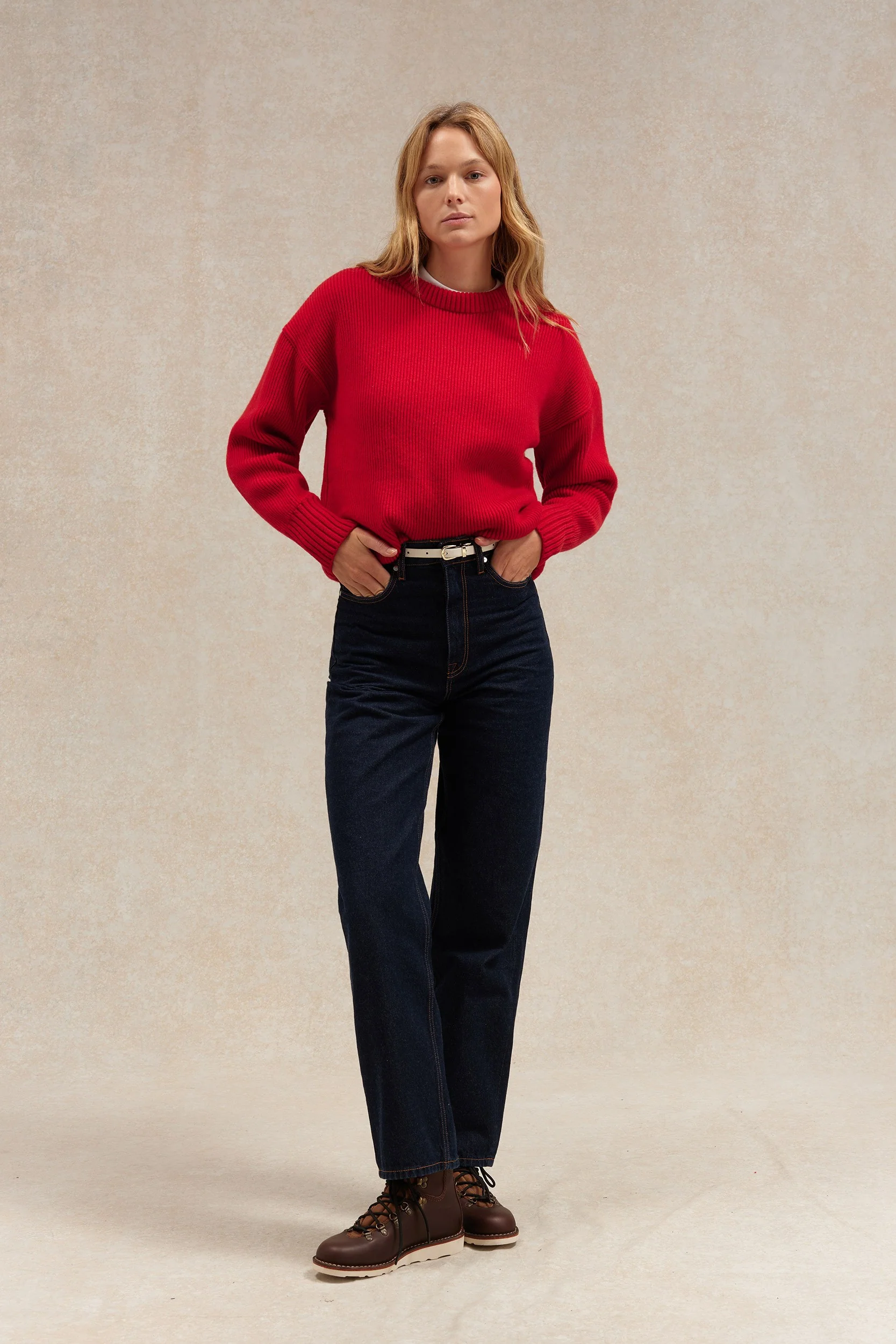 Pull femme col rond rouge à côtes anglaises - Image 4