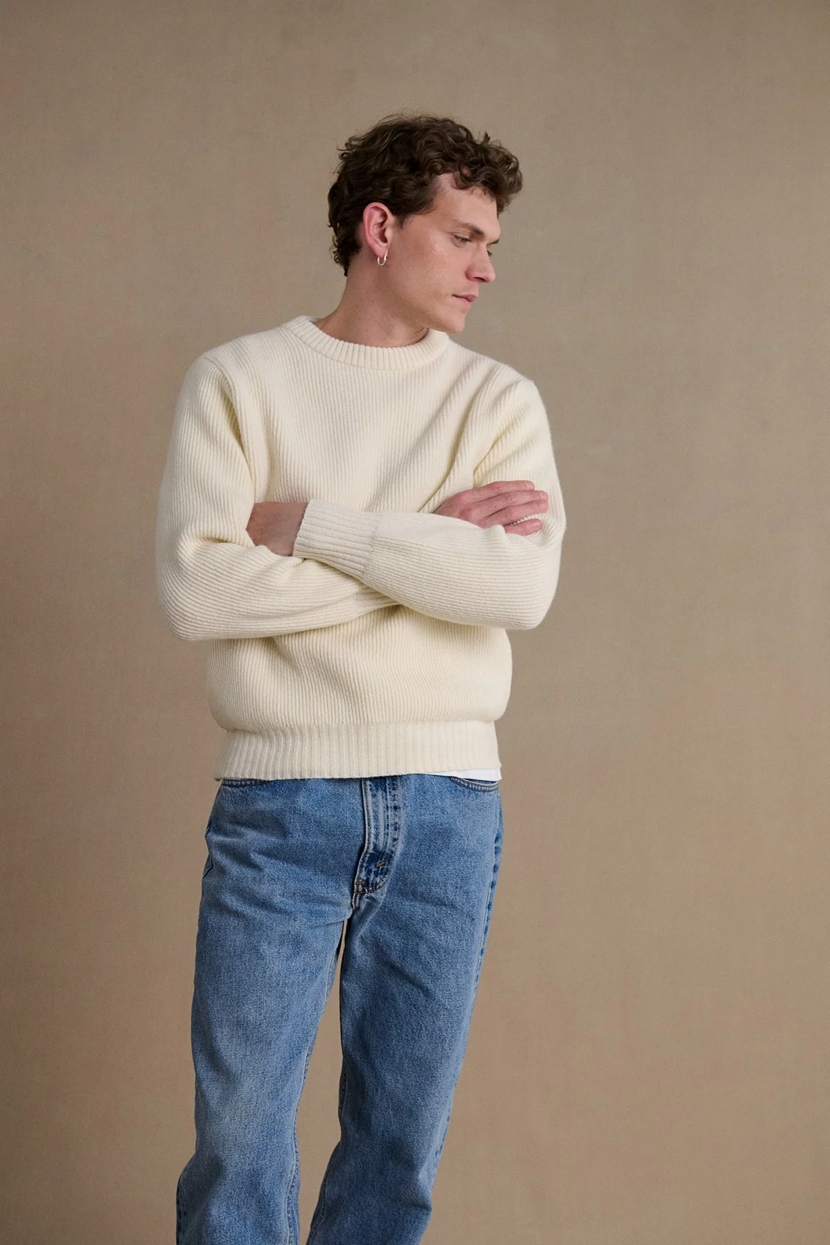 Pull homme col rond à côtes écru - Image 2