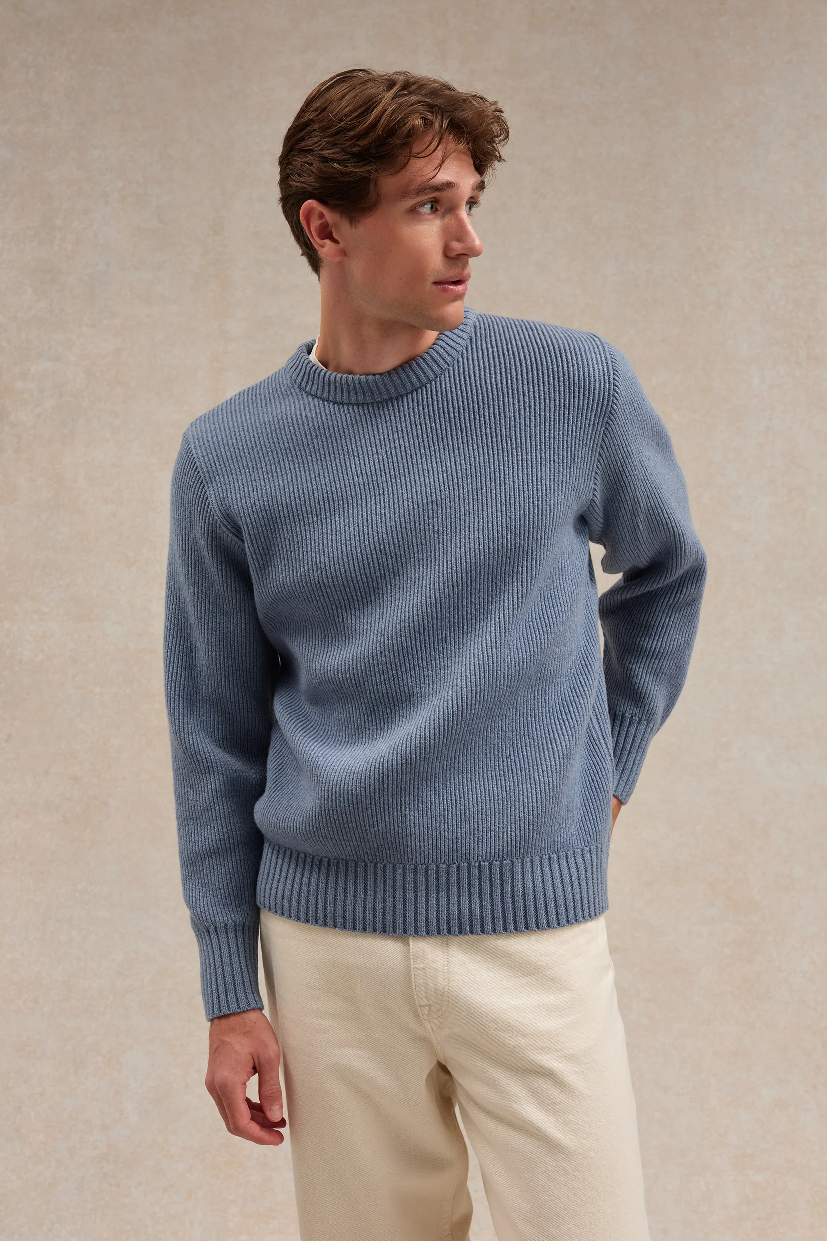 Pull homme col rond à côtes bleu orage