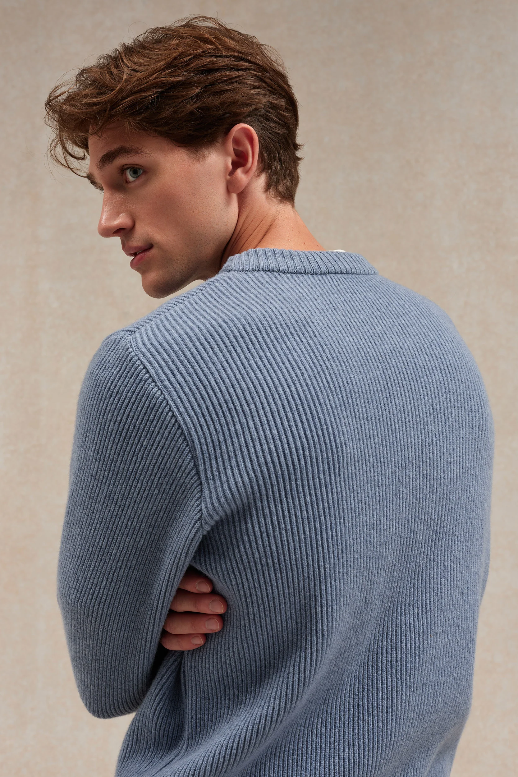 Pull homme col rond à côtes bleu orage - Image 3