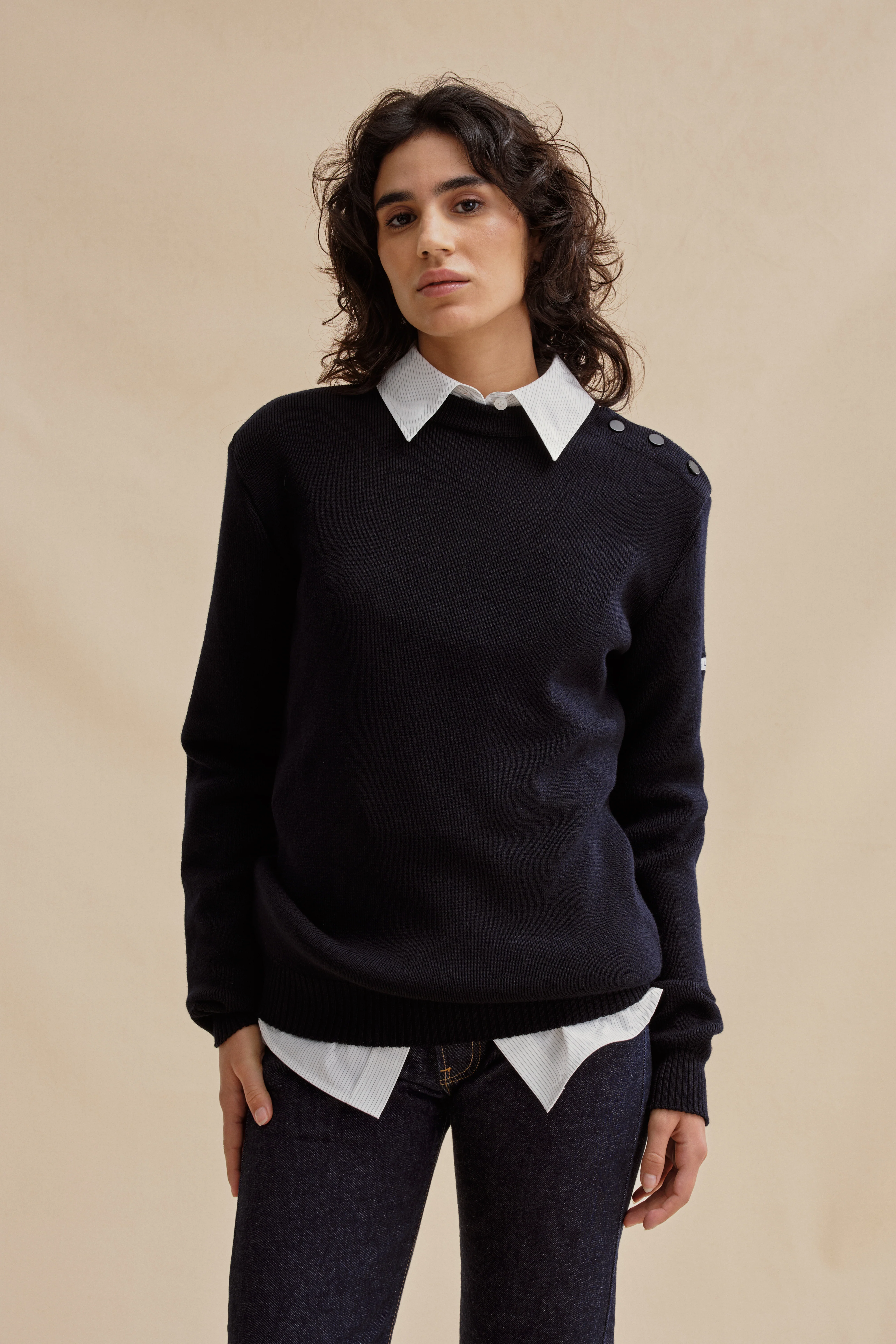 Pull marin ample bleu marine en laine mérinos pour femme