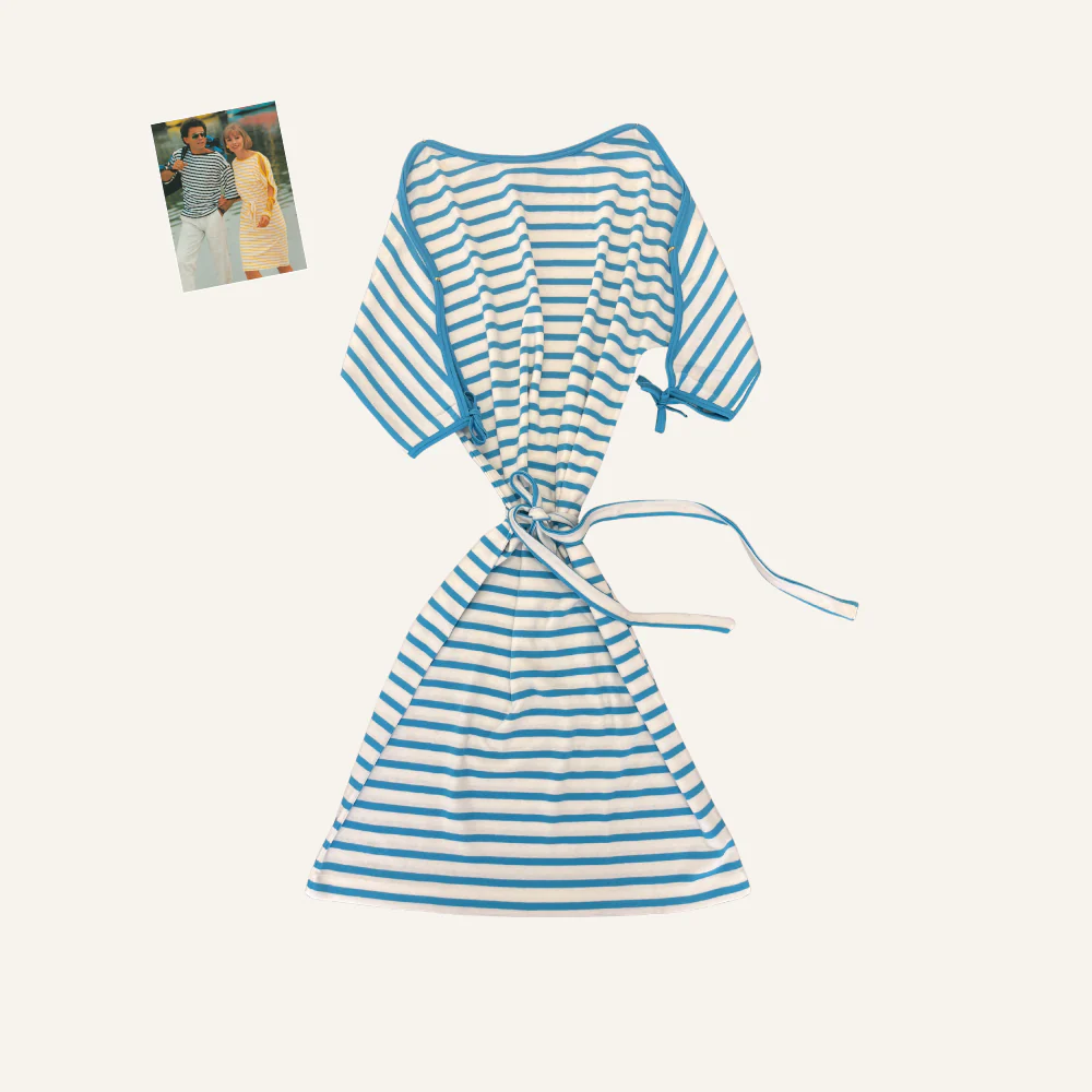 Robe marinière vintage blanche et bleu turquoise avec ceinture - Seconde main