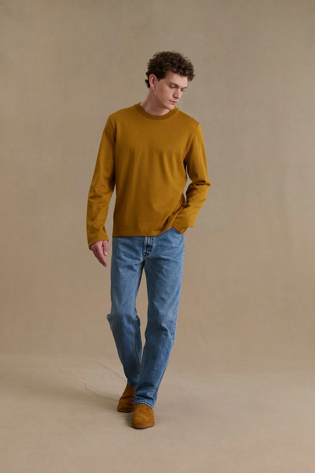 T-shirt camel à manches longues en laine mérinos pour homme - Image 4
