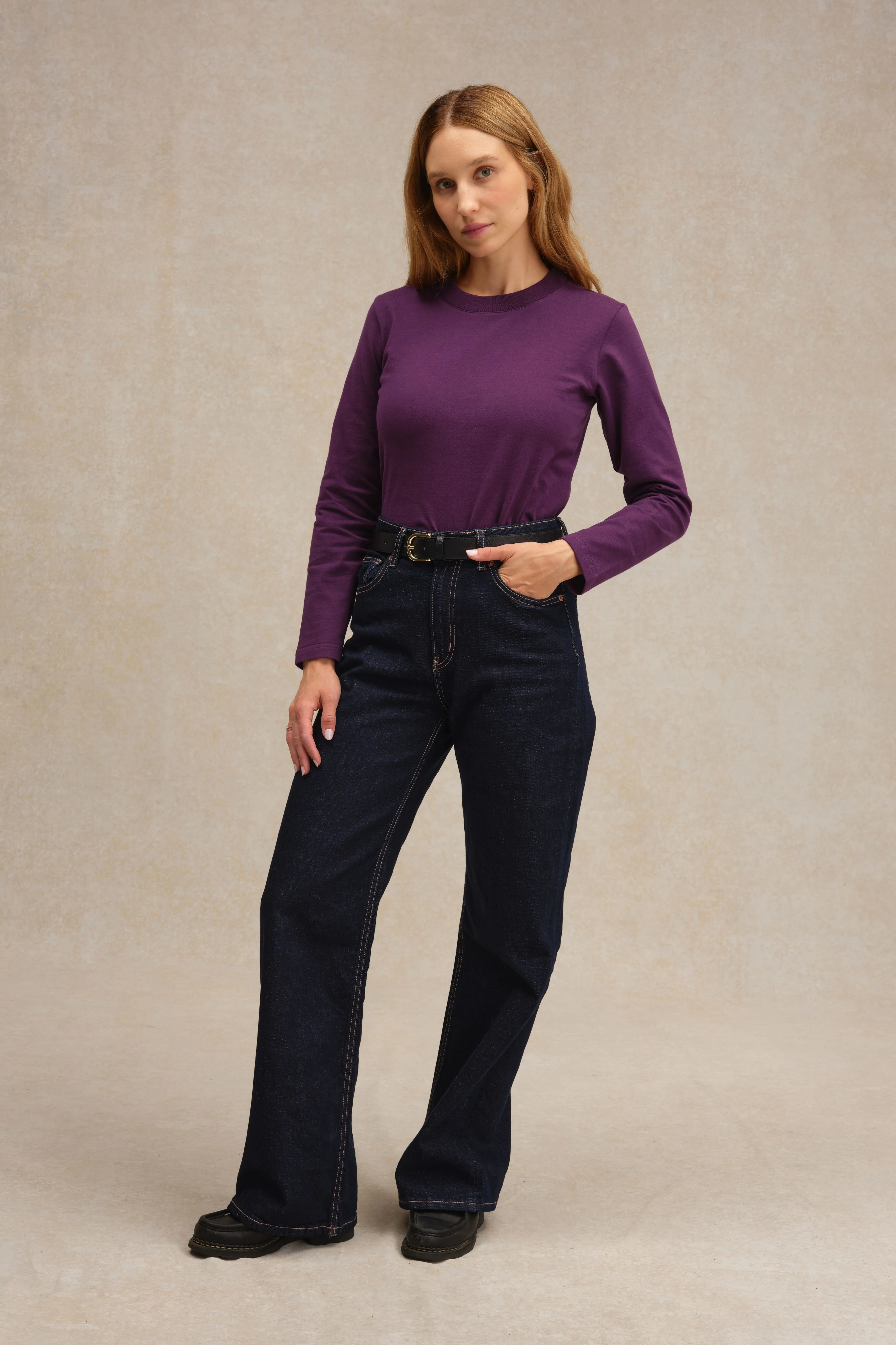 T-shirt prune à manches longues en coton pour femme - Image 3