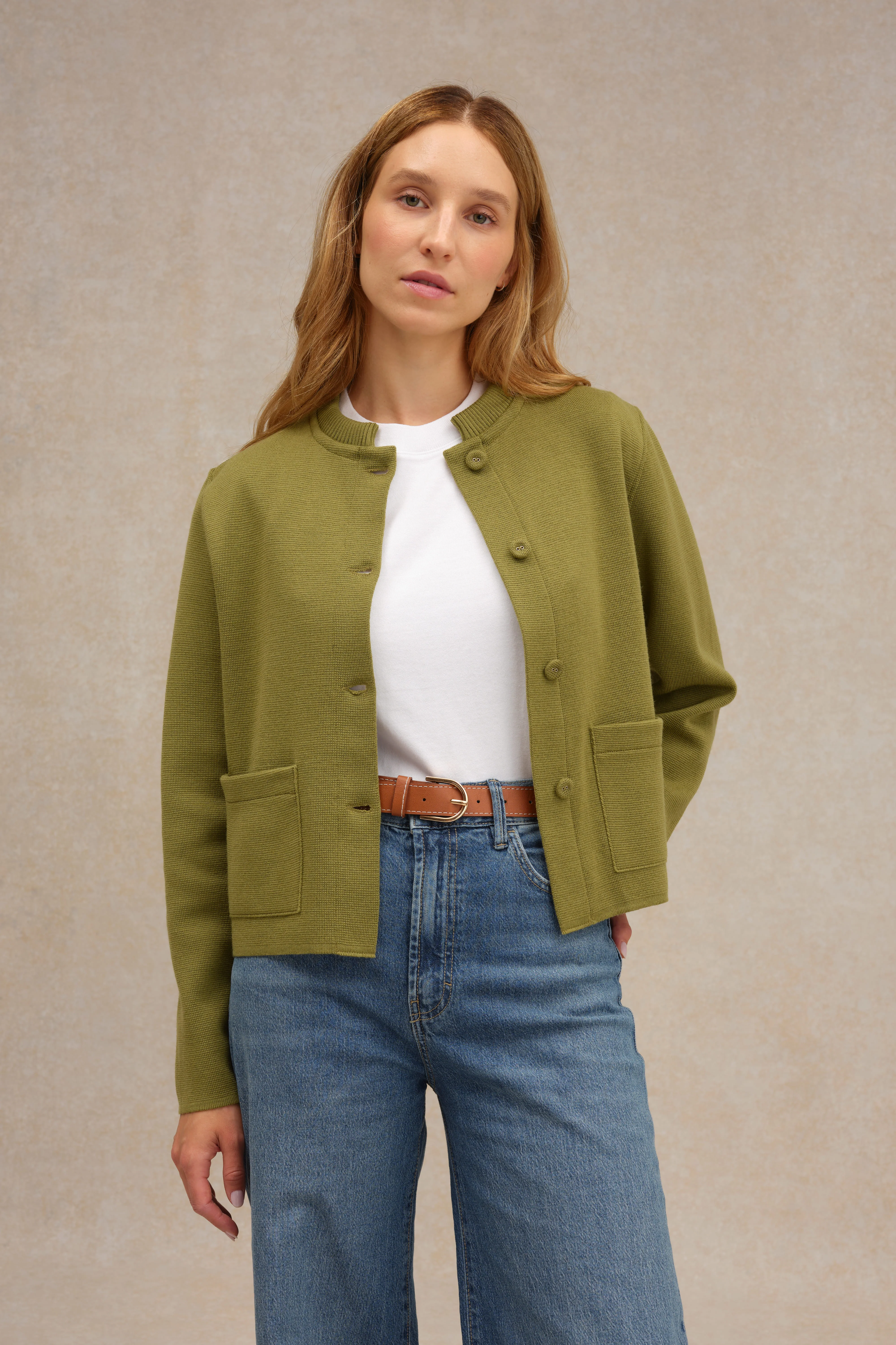 Veste Ă col Mao olive acide en maille Milano pour femme